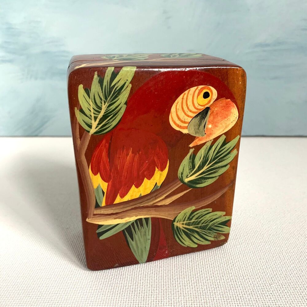 Hand made, Hand Painted, Wood Trinket Box | Parrot | Folk Art | Tropical Motif